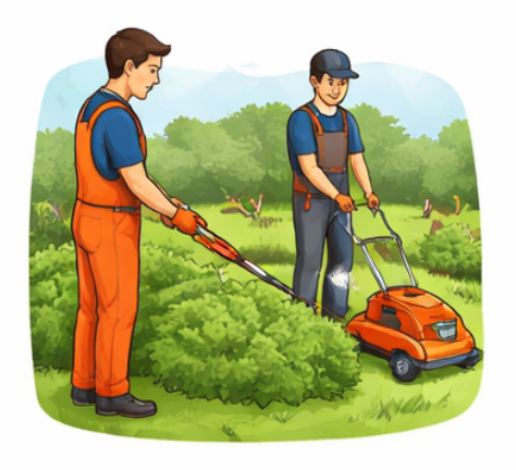 Garden maintenance Sheffield – gardeners mowing lawn and trimming hedges